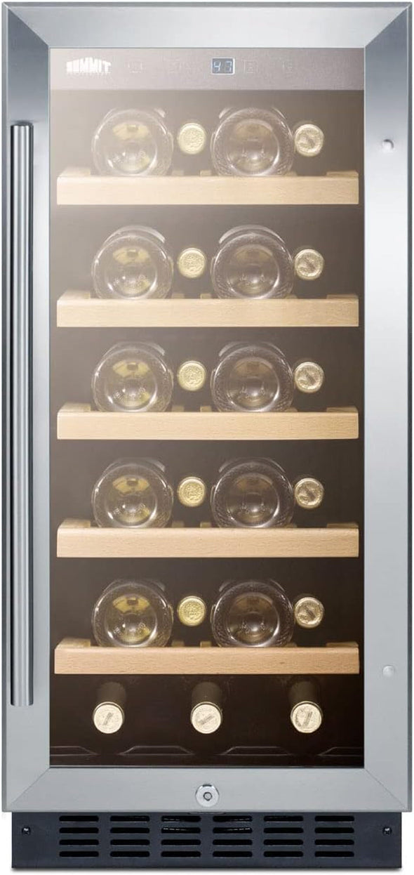 Summit ALWC15 15" Wide Built-In Wine Cellar, ADA Compliant; 2.2 Cu.Ft.; 23 Bottle Capacity; Stainless Steel Trimmed Glass Door; Factory Installed Lock; Digital Display; Automatic Defrost