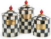 Enamel Canister Set, Small (38 Oz.), Medium (48 Oz.), and Large (64 Oz.) Kitchen Containers, Black-And-White Courtly Check