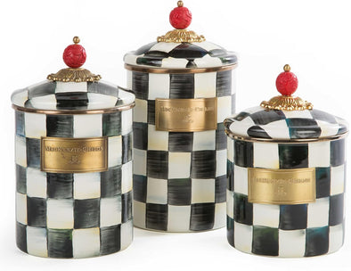 Enamel Canister Set, Small (38 Oz.), Medium (48 Oz.), and Large (64 Oz.) Kitchen Containers, Black-And-White Courtly Check