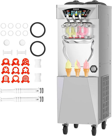 3600W Commercial Ice Cream Maker Machine, 11-12.2 Gal/H Yield, 2+1 Flavors Soft Serve Machine W/Two 8L Hoppers 2.5L Cylinders Puffing Pre-Cooling & Frequency Conversion