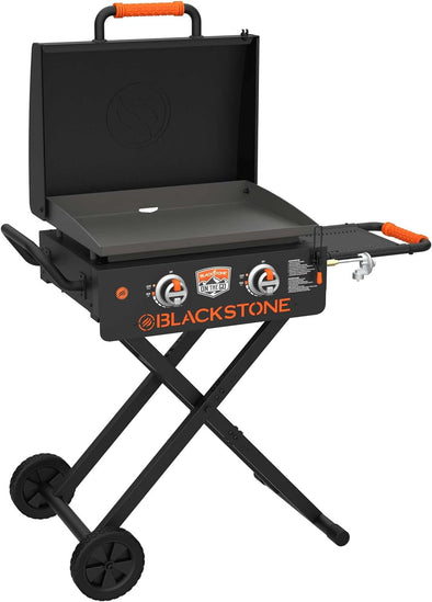 22” on the Go Scissor-Leg Griddle with Two Burners -Stainless Steel Gas Griddle with Hood, Wheels, Side Shelf –Heavy Duty Outdoor Stainless Steel Griddle for Backyard, Patio Camping –1935