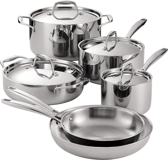 Tri-Ply Clad Stainless Steel 10-Piece Cookware Set with Lids, Pots and Pans Kitchen Set, Induction-Ready, Dishwasher-Safe, Nsf-Certified, Made in Brazil