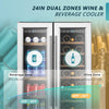 Wine and Beverage Refrigerator, 24 Inch Dual Zone Wine Cooler with Glass Door Hold 21 Bottles and 88 Cans, Built in or under Counter Wine Fridge with Blue LED Light