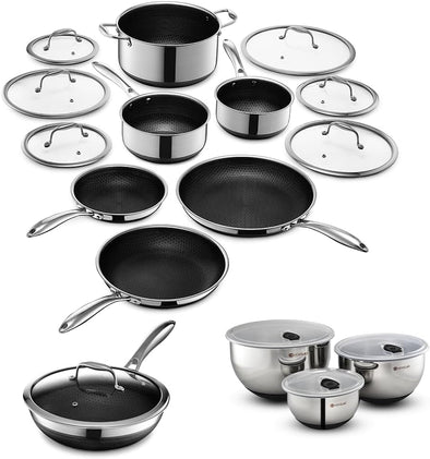 18-Piece Set - 3-Piece Mixing Bowl Set, Nonstick 6-Piece Pot Set with Lids, 6-Piece Fry Pan Set with Lids, 14-Inch Wok with Lid & 2 Silicone Trivets