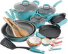 Vintage Speckle 24-Piece Cookware Combo Set in Turquoise Bundle with Copper Charm Stainless Steel Copper Bottom Cookware Set, 10 Piece