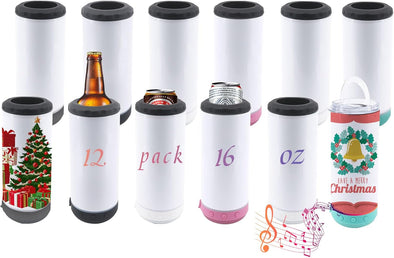 12 Pack 16 Oz Sublimation Music Bluetooth Speaker Blank Tumblers Stainless Steels Insulated 4 in 1 Can Cooler Beer Holder with Lid and Straw Metal Slim Coozies for Drinks Bulk