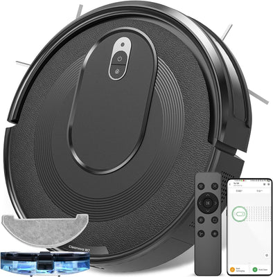 Robot Vacuum and Mop Combo, Suction Port for Pet Hair, 2 in 1 Mopping Robotic Vacuum Cleaner with Watertank and Dustbin, Self-Charging, Slim, Max 120Mins Runtime for Hard Floor,Carpet Cleaning (Black)