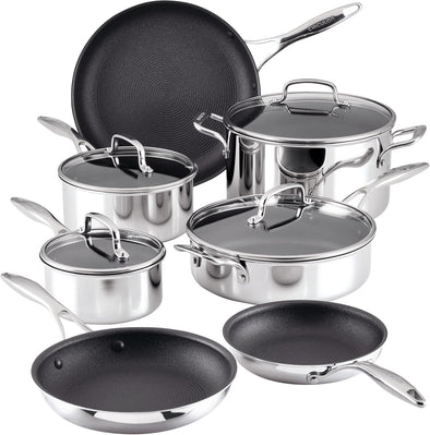 C1 Series Clad Stainless Steel with Scratchdefense Technology Nonstick Induction Cookware Pots and Pans Set, Metal Utensil Safe, 11 Piece Set - Polished Stainless Steel