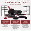 Cast Iron 23-Pc Cookware Set - 8" Skillet + Cast Iron Lid + 12"+Lid + 10" Braiser with Lid + Grill Pan + Lid + Griddle + 5-Qt Dutch Oven + Multi-Cooker + 12"+15" Pan Rack + Scraper + Handles