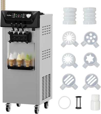 Commercial Ice Cream Maker Machine, Soft Serve Ice Cream Machine with 2 * 7L Hoppers, 3 Flavors Ice Cream Machine, LCD Panel- Ideal for Snack Bars and Cafes