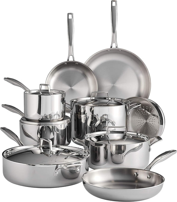 Tri-Ply Clad Stainless Steel 14-Piece Cookware Set with Lids, Pots and Pans Kitchen Set, Induction-Ready, Dishwasher-Safe, Nsf-Certified, Made in Brazil