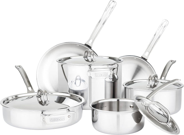 Culinary 3-Ply Stainless Steel Cookware Set with Metal Lids, 10 Piece, Dishwasher, Oven Safe, Works on All Cooktops Including Induction